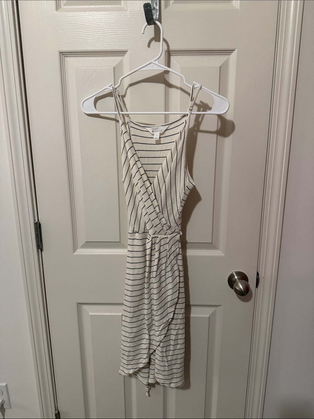 Market & Spruce Cream and Black Striped Midi Wrap Dress
